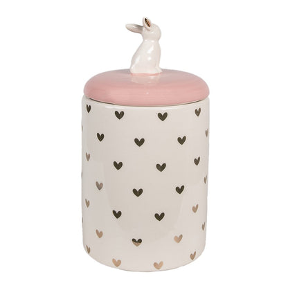 Voorraadpot Konijn Ø 13x30 cm Roze Wit Keramiek Hartjes Voorraadpot Deksel