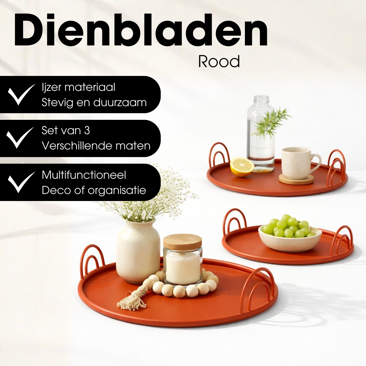 Dienblad set van 3 rood ijzer