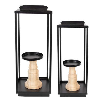 Kandelaar set 2x ijzer hout 15x15x50/57 cm zwart