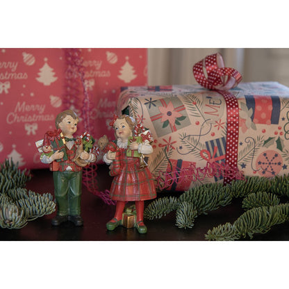 Kerstdecoratie beeldjes kinderen set van 2 rood groen 13 cm