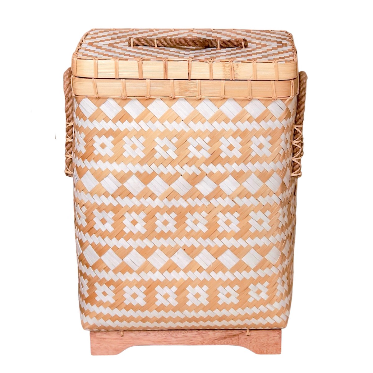 Laundry Basket With Lid DARI Hand-Woven From Bamboo Beige Zigzag