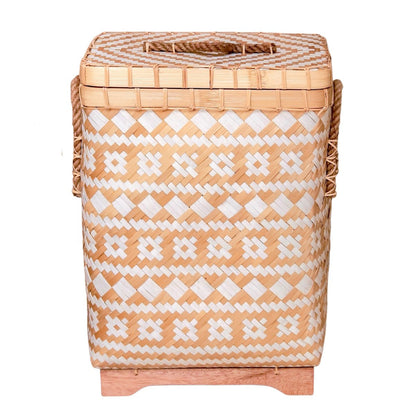 Laundry Basket With Lid DARI Hand-Woven From Bamboo Beige Zigzag