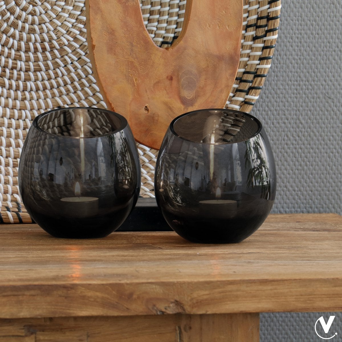 Waxinelichthouder glas grijs set van 2
