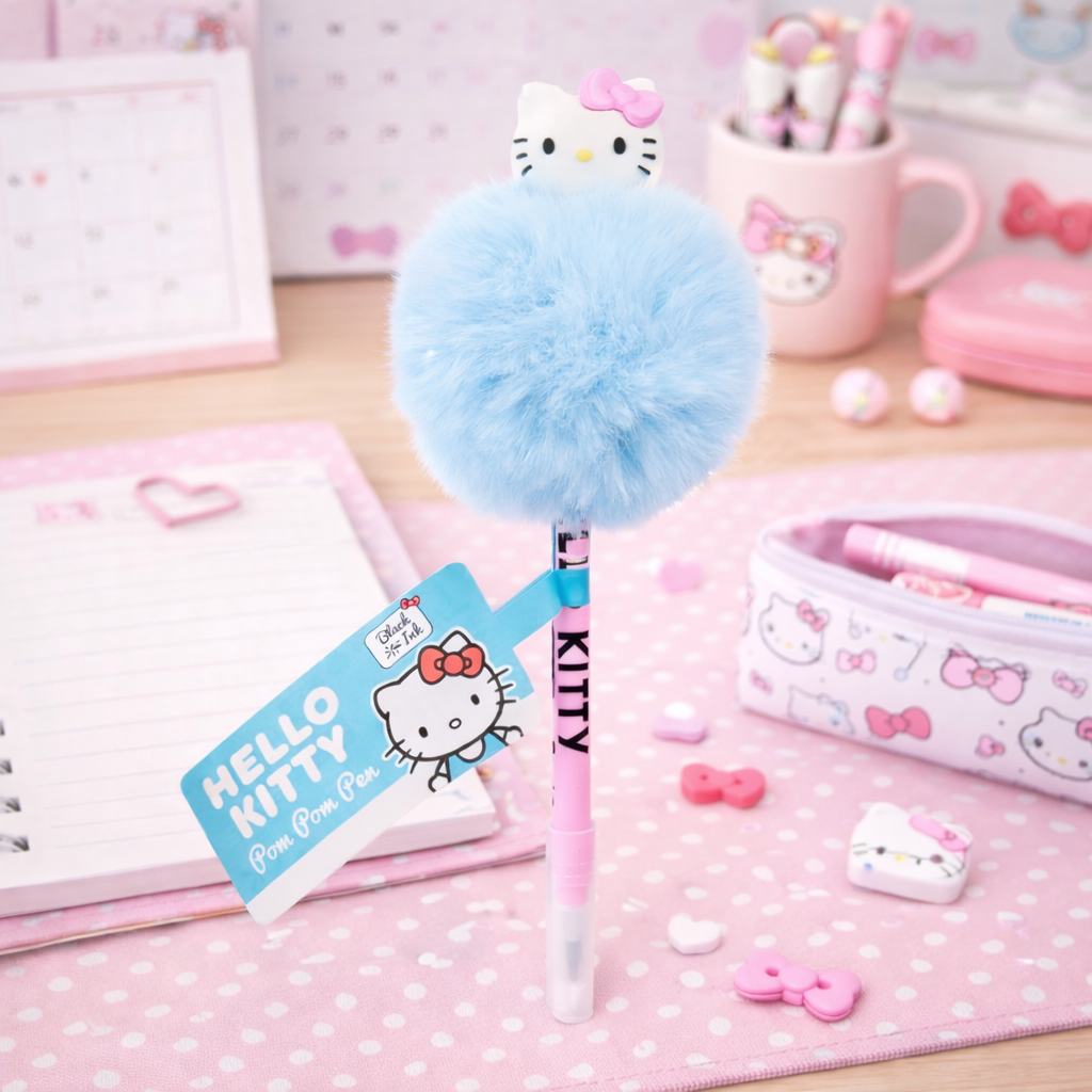 Hello Kitty stift met pompon blauw