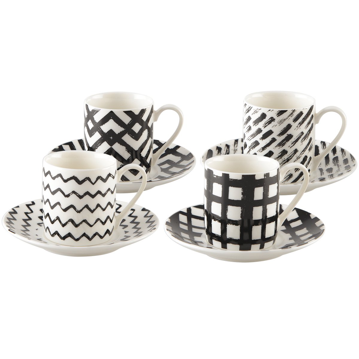 Koffiekopjes 90 ml set van 4 zwart wit keramiek