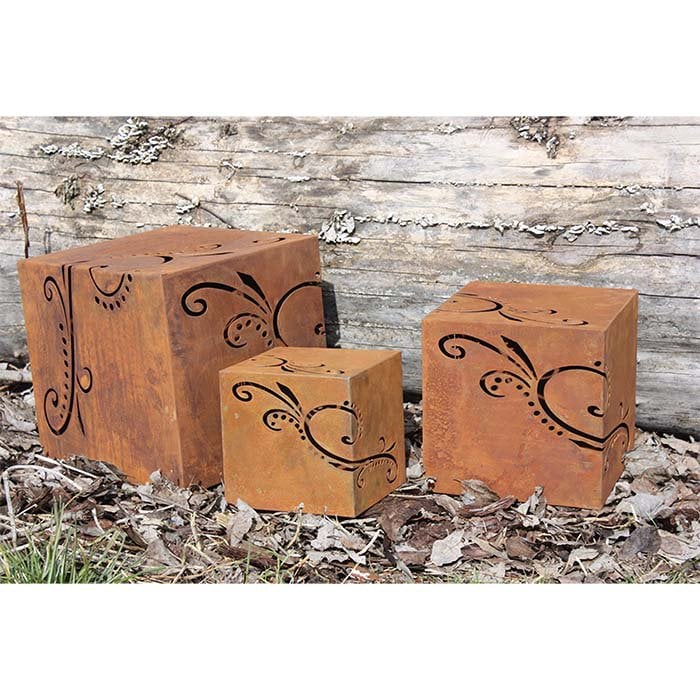 Metalen kubus met ornamenten 18/24/30 cm roest patina