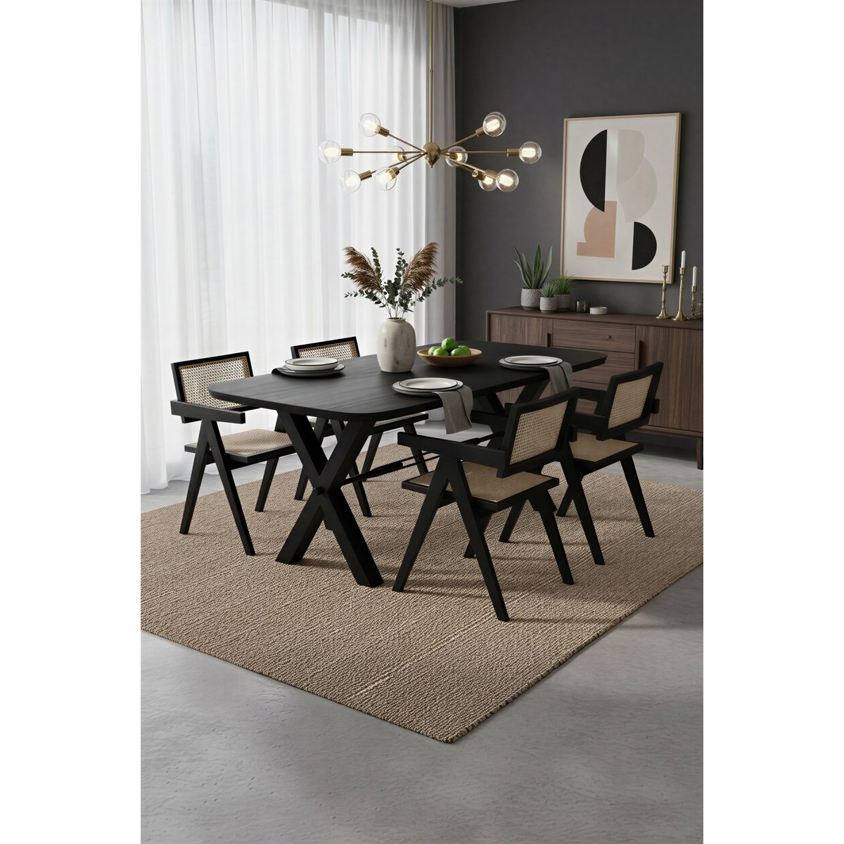 Eettafel 200x100 cm, 30 mm blad Mango zwart, X-stalen frame antiek zwart