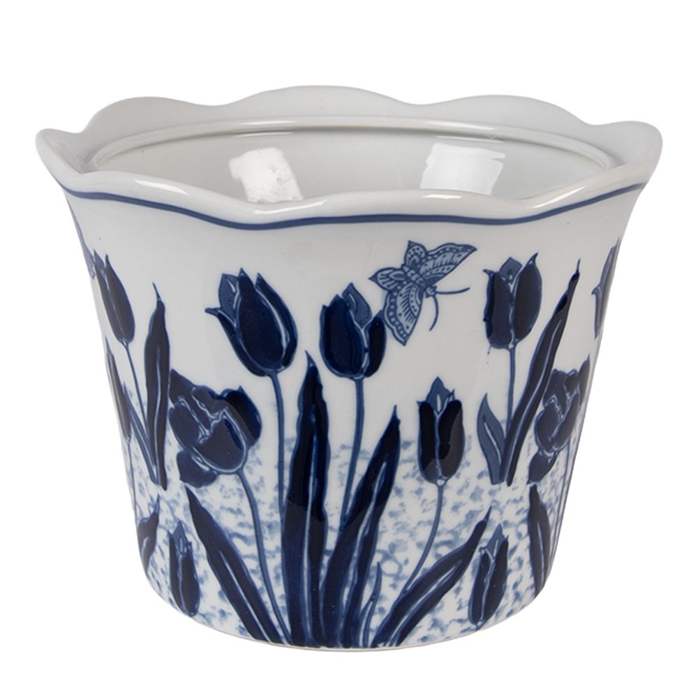 Bloempot Ø 17x15 cm wit blauw keramiek