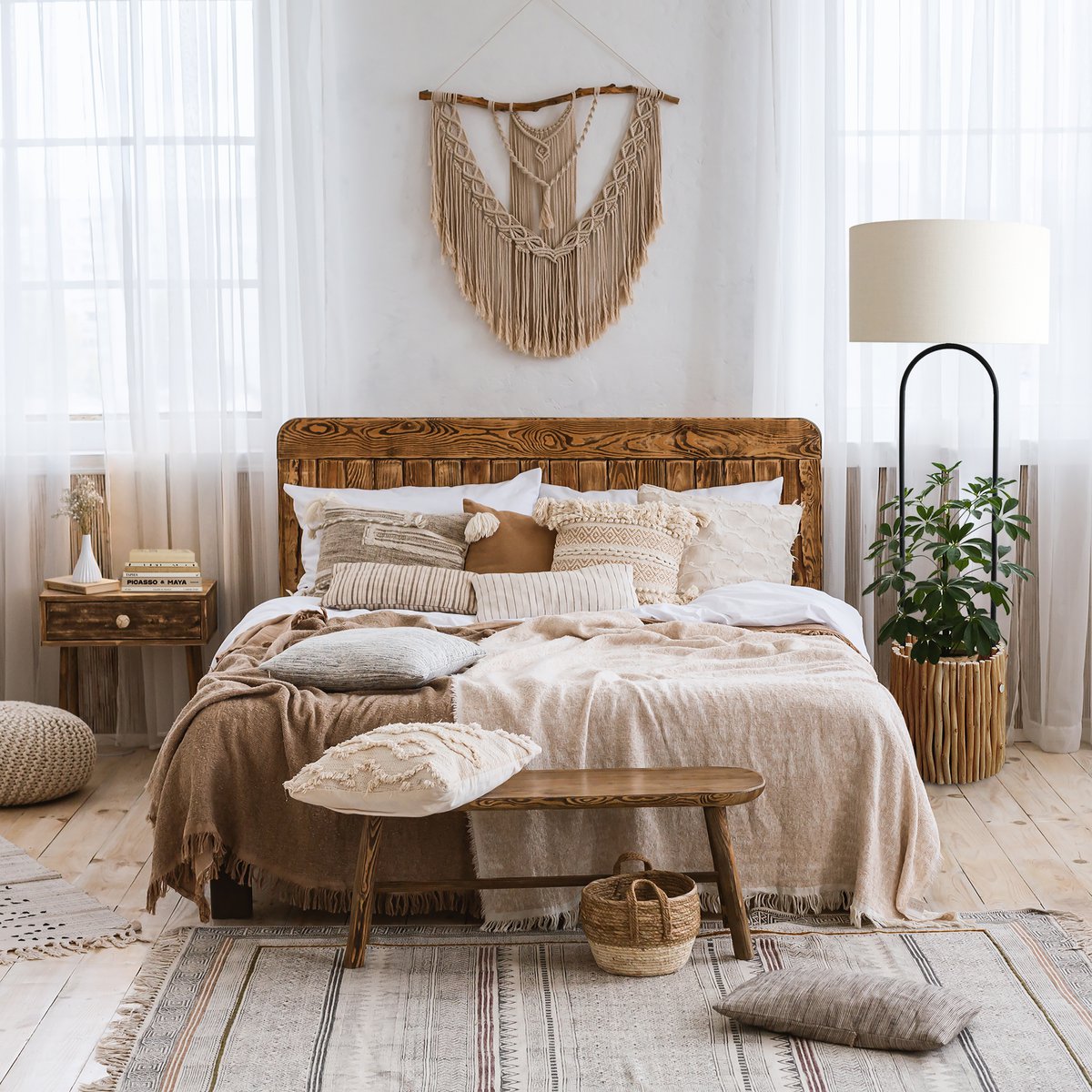 Vloerlamp drijfhout naturel/wit 155 cm met plantenmand