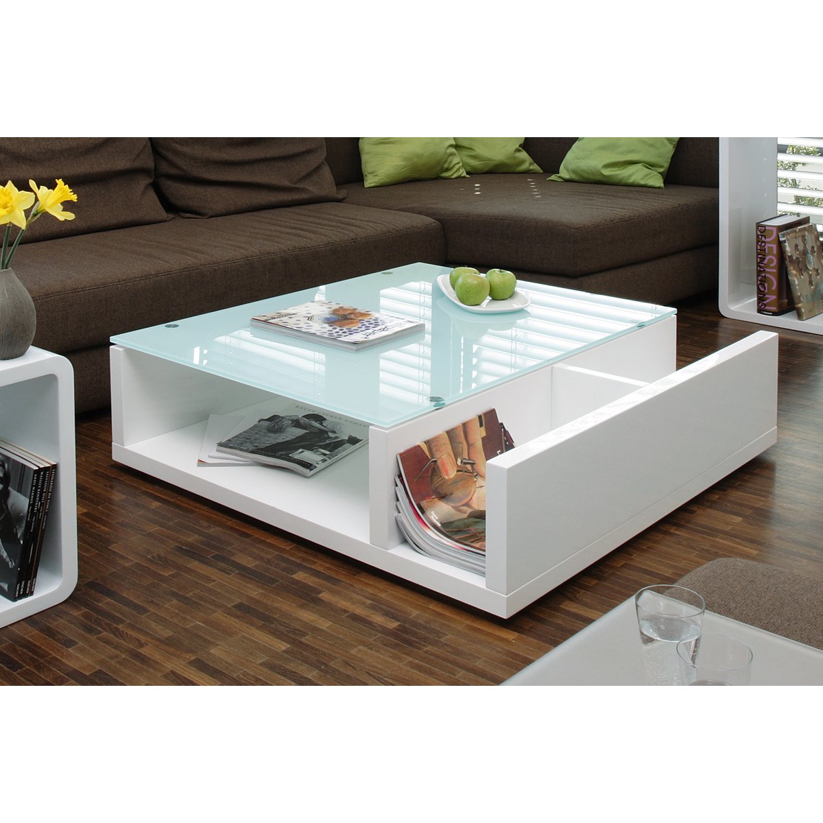 Salontafel 100x100 cm hoogglans wit MDF glas