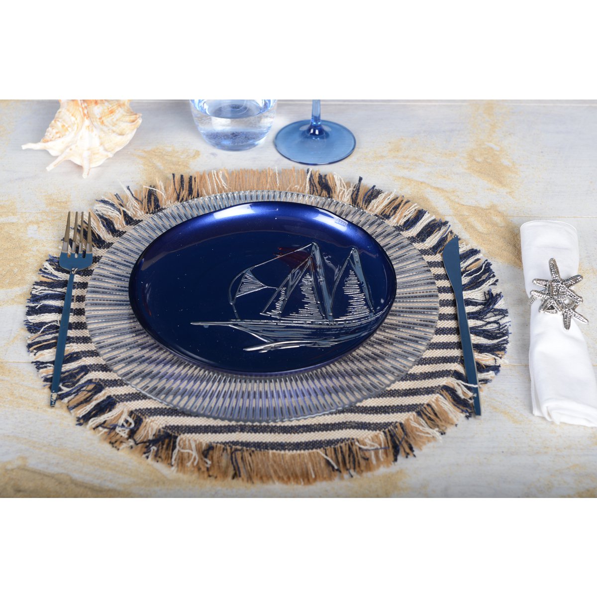 Tafelonderlegger jute 37x37 cm beige blauw