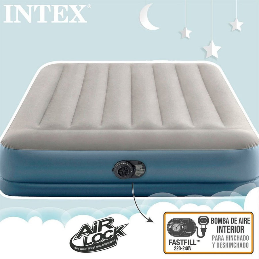 Intex 64118Nd Pillow Rest Mid-Rise 2-Persoons Luchtbed 152X203X30 Cm + Ingebouwde Pomp Grijs/Blauw