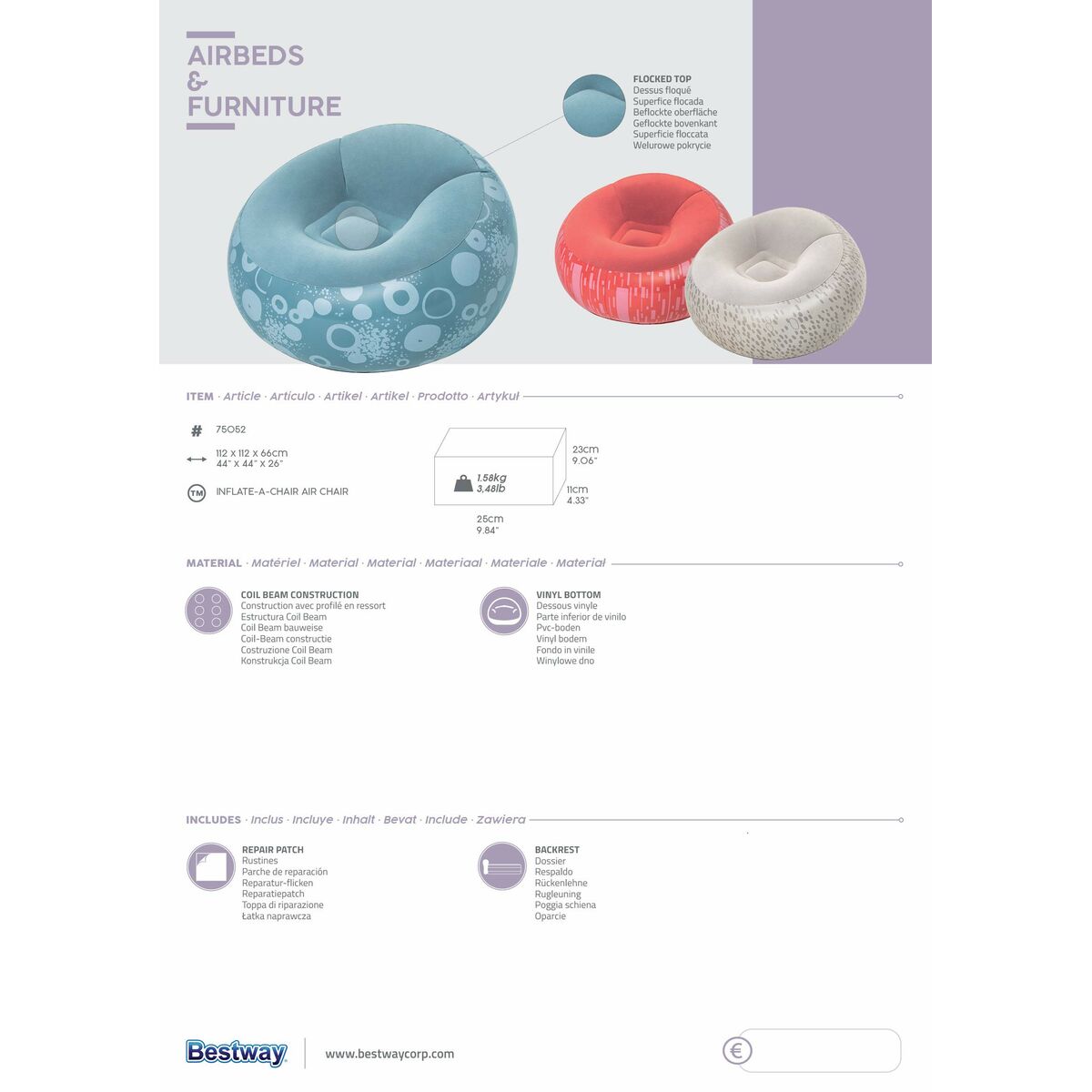 Bestway Gigantisch Opblaasbare Stoel Fashion Kleuren Assortiment 112X112X66 Cm Binnen 75052