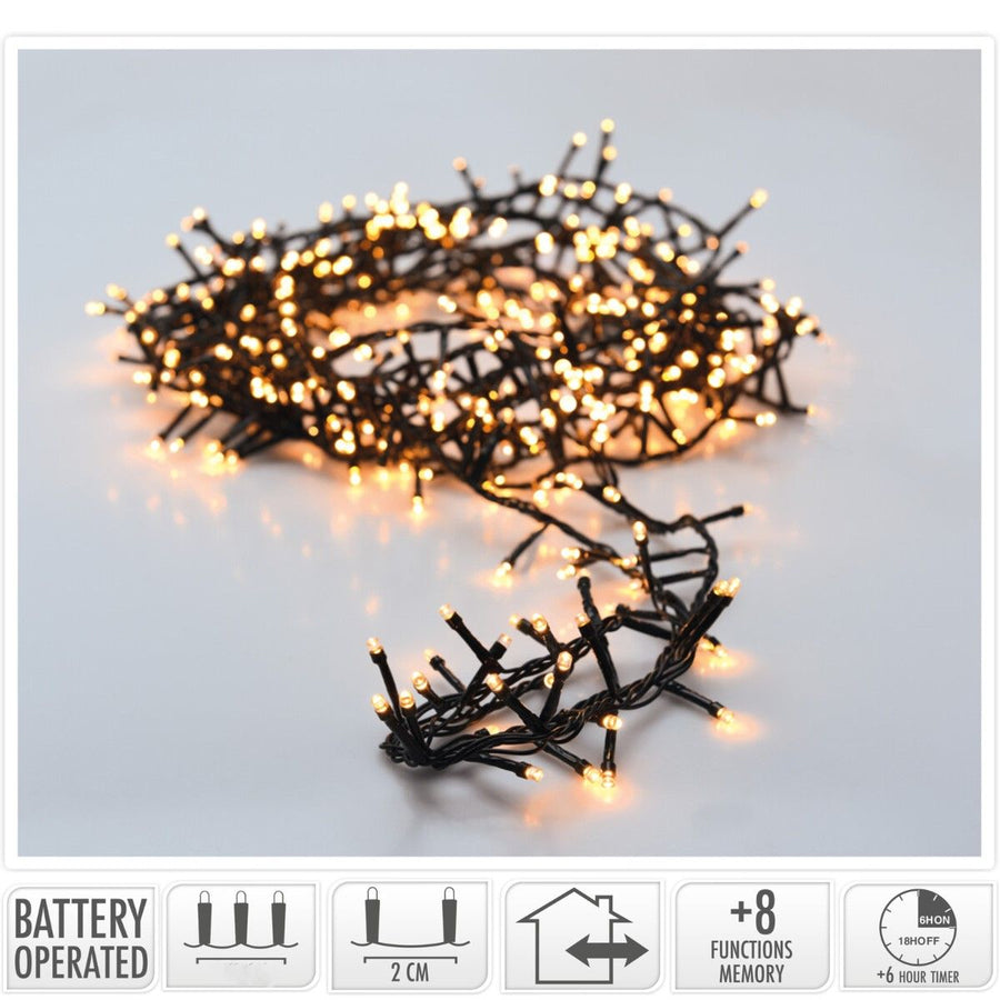 Micro Cluster 200 Led - 4M - Extra Warm Wit - Batterij - Lichtfuncties - Geheugen - Timer