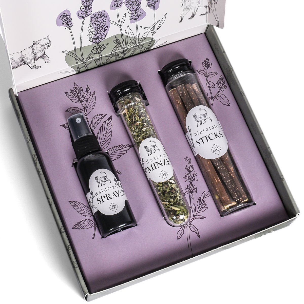 NE & NO® Gift Set Cats Well -being Herbs: Catnint + Valerian Spray + Matatabi Sticks