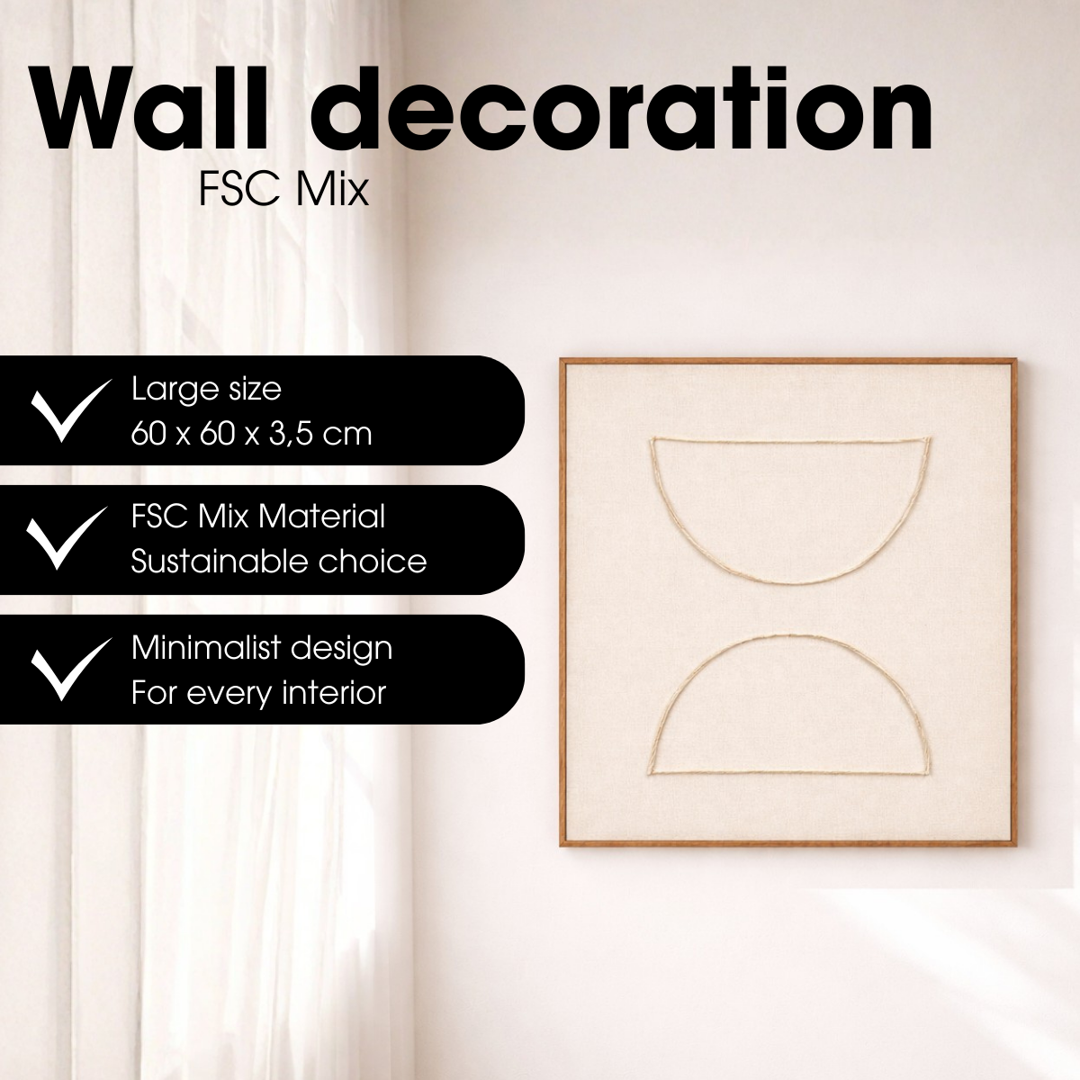 Wanddecoratie 60x60x3.5 cm beige polyester