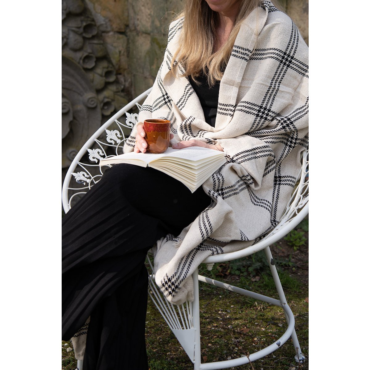 Plaid 125x150 cm katoen beige zwart ruiten