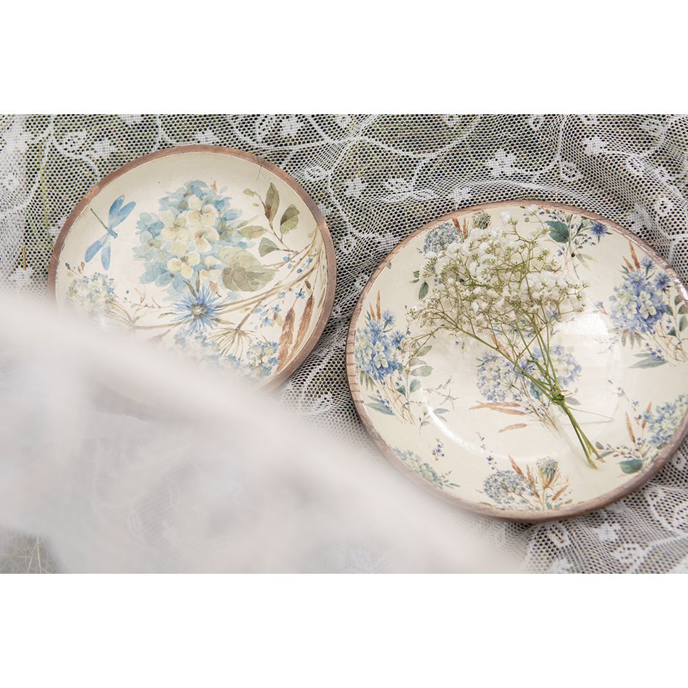 Serving Dish Ø 24x4 cm White Blue Wood Flowers Presentation Dish