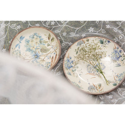 Serving Dish Ø 24x4 cm White Blue Wood Flowers Presentation Dish