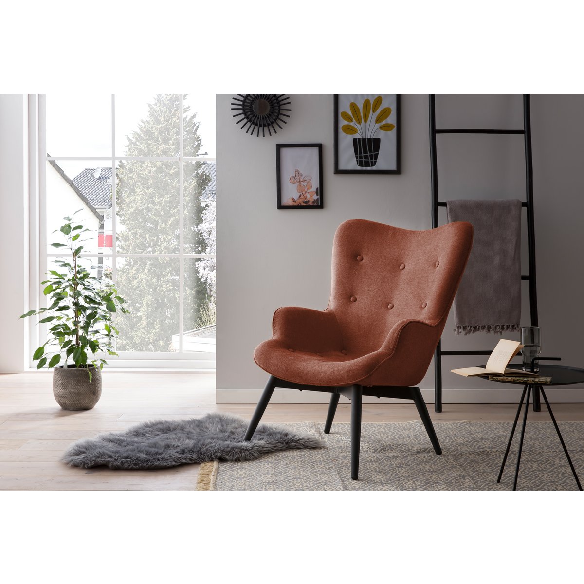 Armchair in copper structural fabric