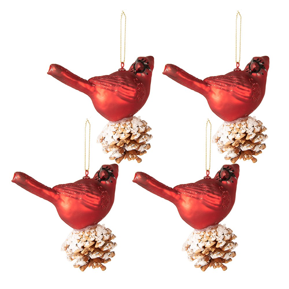 Kerstbal set van 4 vogel 11x6x12 cm rood wit glas