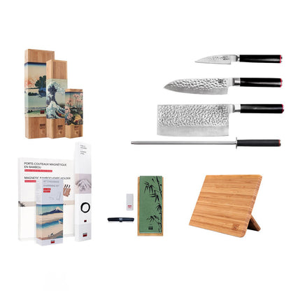 De Pakka Asian Set Deluxe Edition (C): 3 messen (schilmesje + santoku + hakmes) + 3 accessoires (magnetische bamboe meshouder + aanzetstaal + slijpset met korrel 180/800)