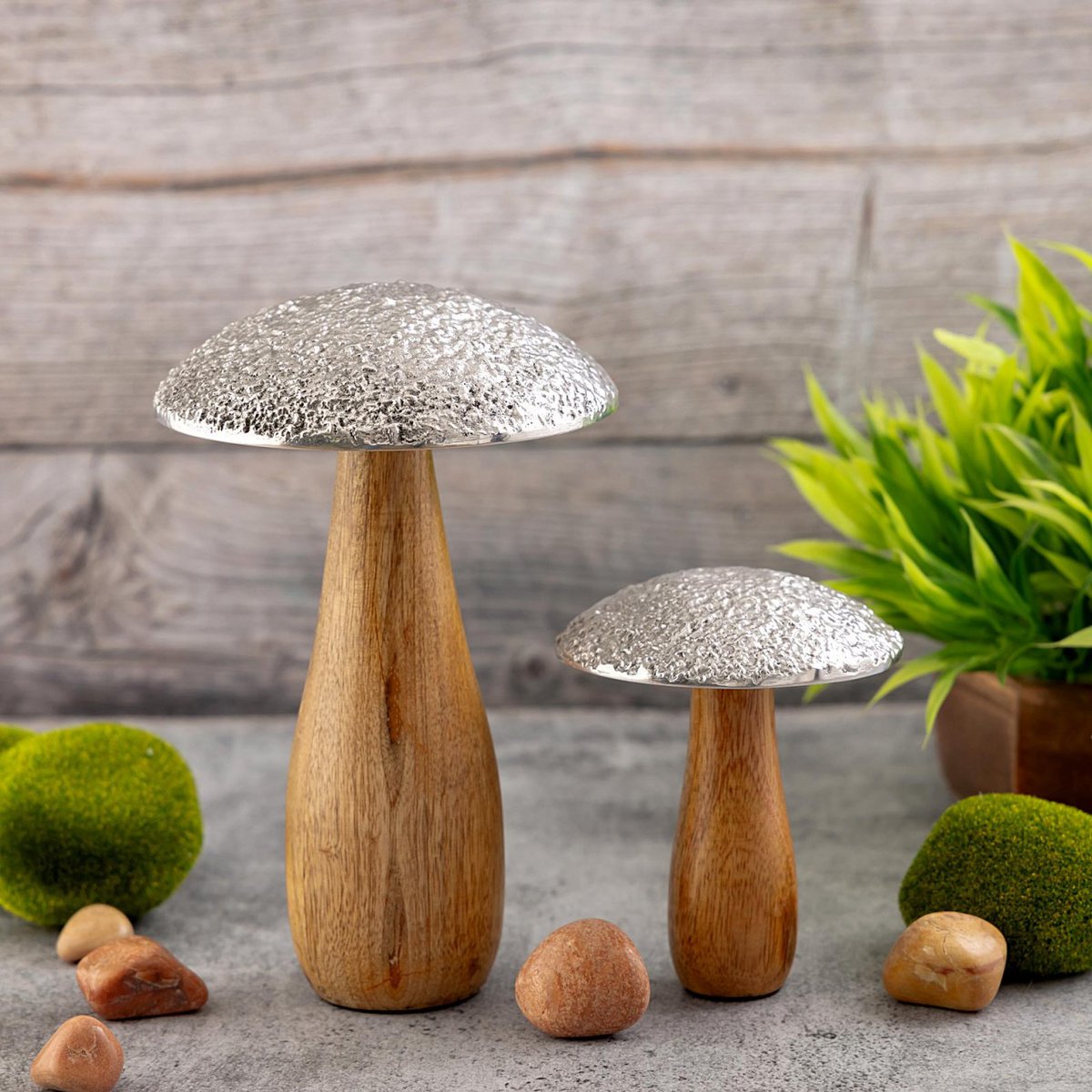 Deco-figuren paddestoelen set massief mango-hout aluminium