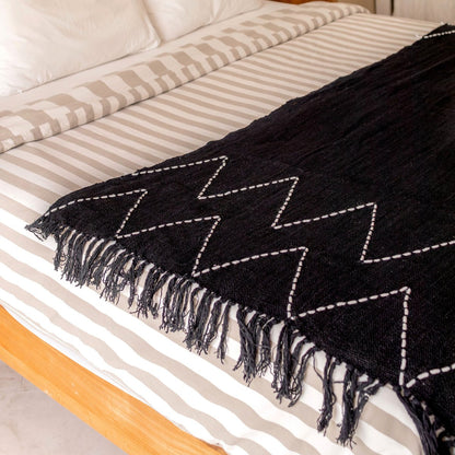 Zwarte Handgeweven Plaid Boho Sprei Franjes Zigzagpatroon