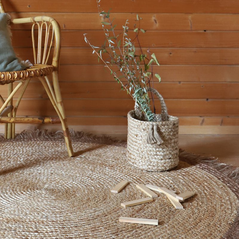 Opbergmand jute 20x20 cm met pompons