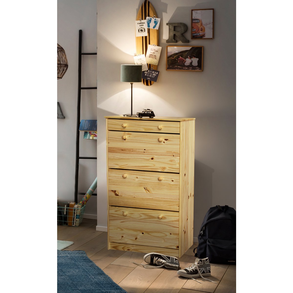 Schoenenkast grenenhout 3 kleppen 1 lade