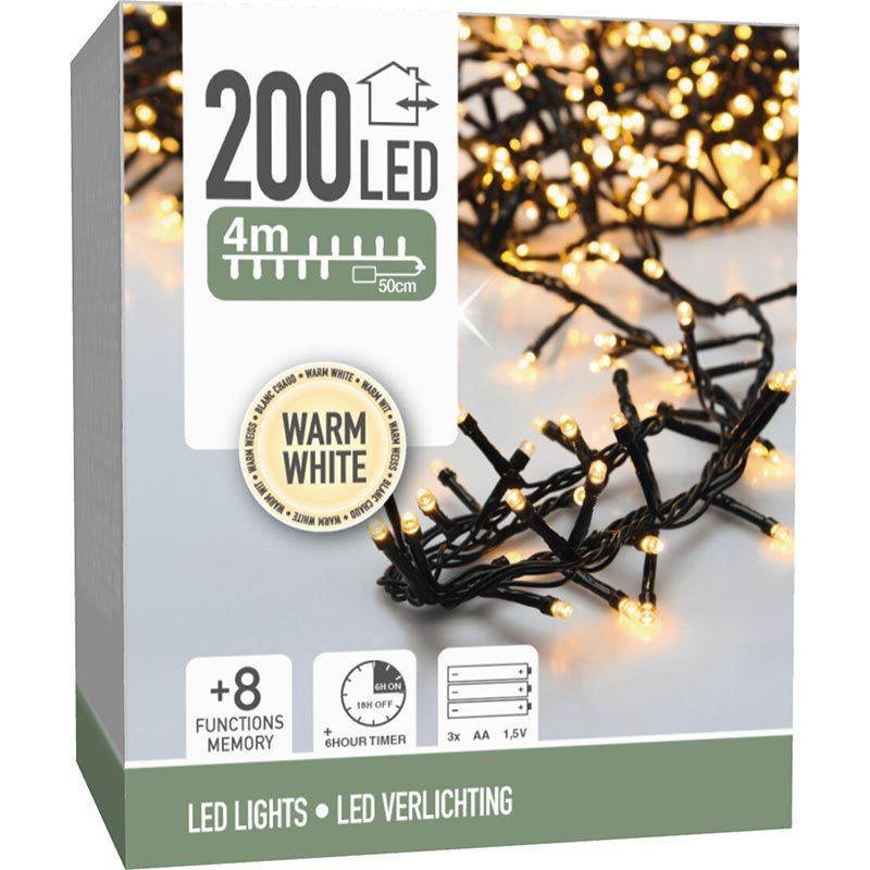 Micro Cluster 200 Led - 4M - Warm Wit - Batterij - Lichtfuncties - Geheugen - Timer