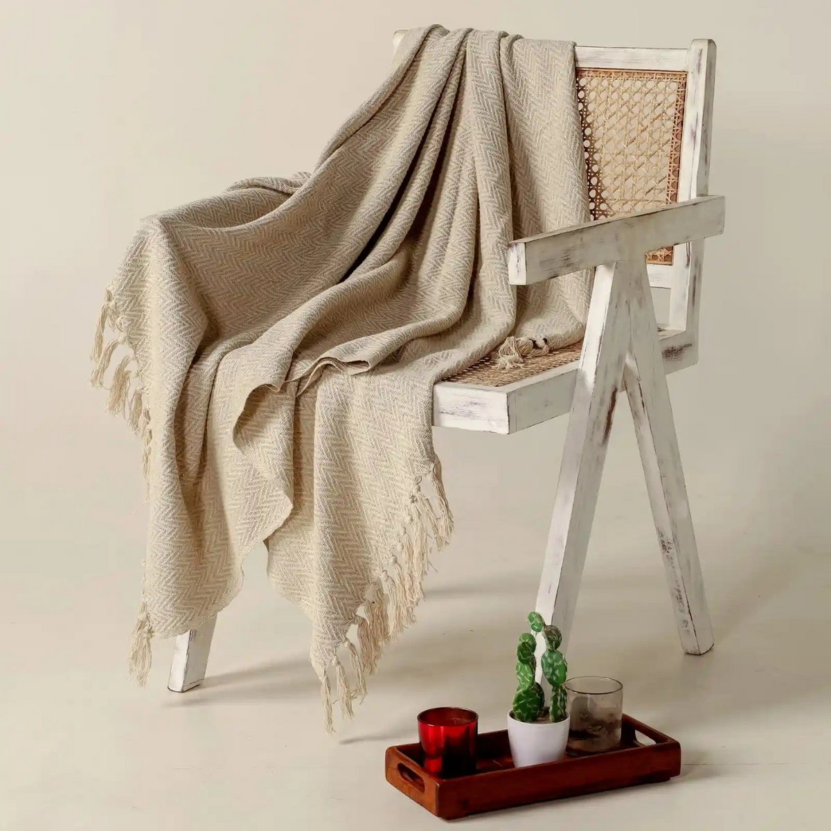 Plaid 130x150 cm katoen beige visgraat