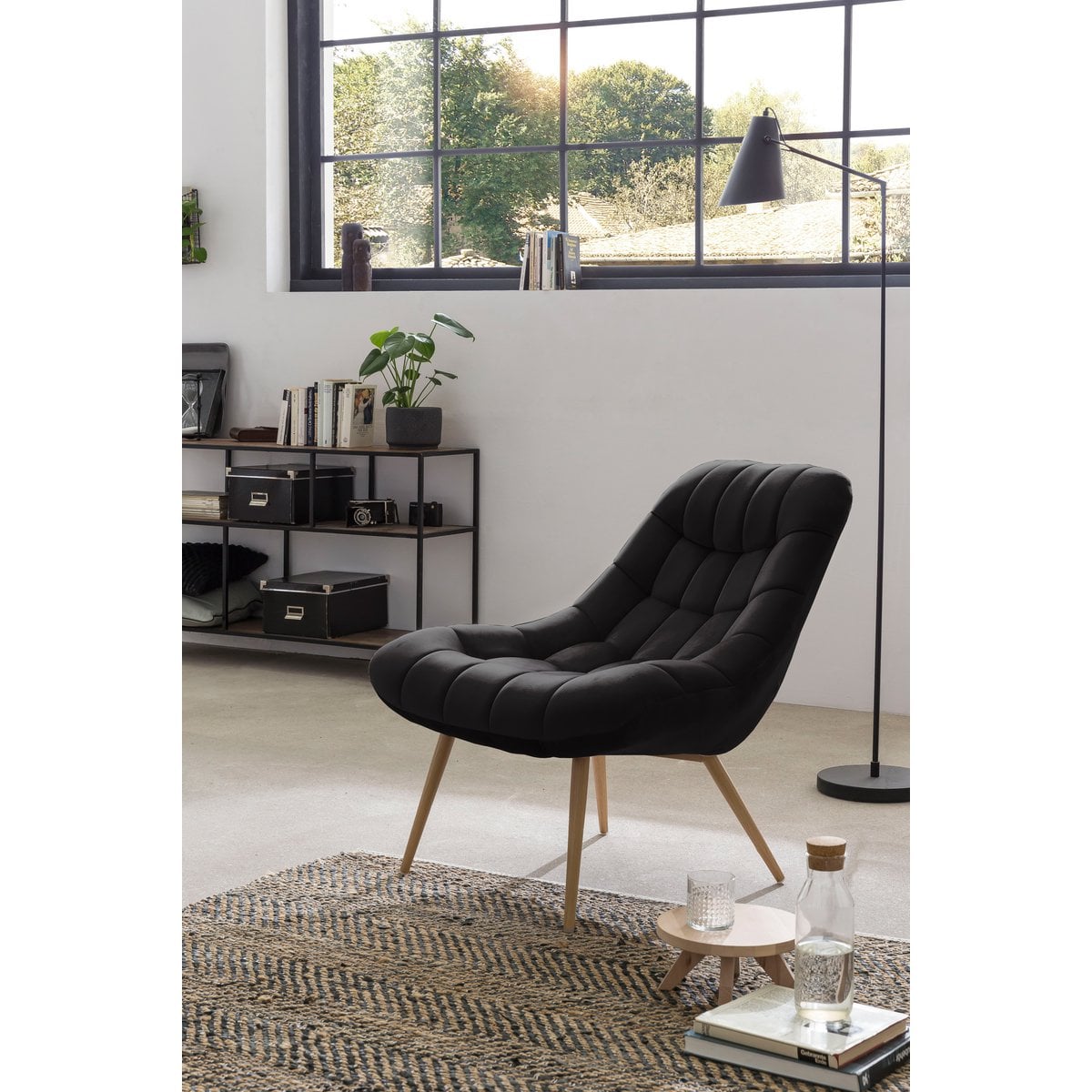 XXL velvet armchair black wood-look metal