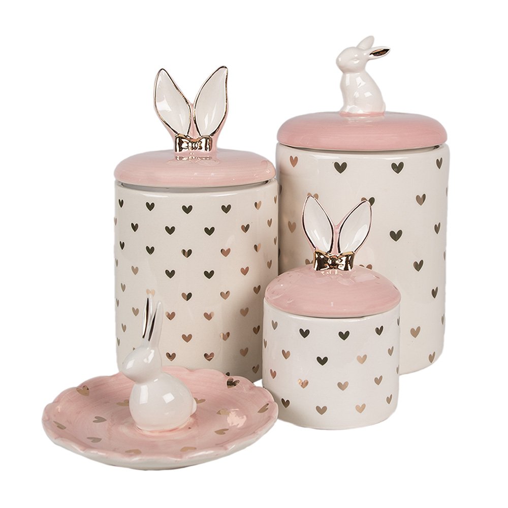 Voorraadpot Konijn Ø 13x30 cm Roze Wit Keramiek Hartjes Voorraadpot Deksel