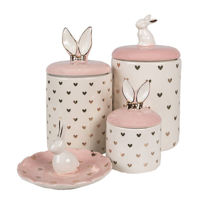 Voorraadpot Konijn Ø 13x30 cm Roze Wit Keramiek Hartjes Voorraadpot Deksel