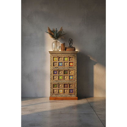 Shoe cabinet with 3 flaps, acacia, metal, colorful