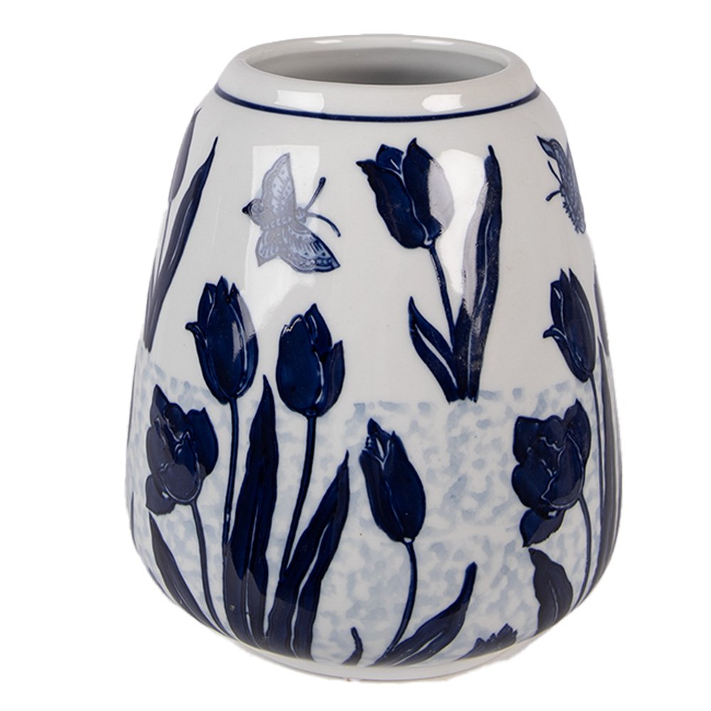 Vaas Ø 16x18 cm Wit Blauw Keramiek