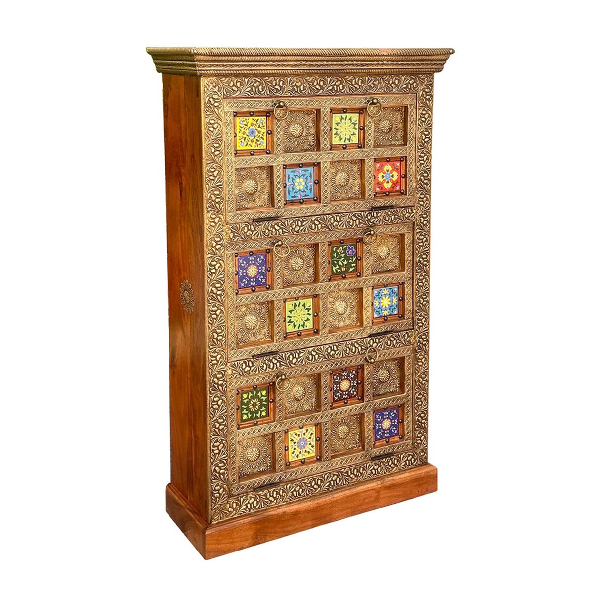 Shoe cabinet with 3 flaps, acacia, metal, colorful