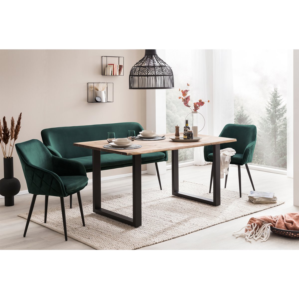 Eettafel 220x110 cm massief acaciahout met 6 stoelen