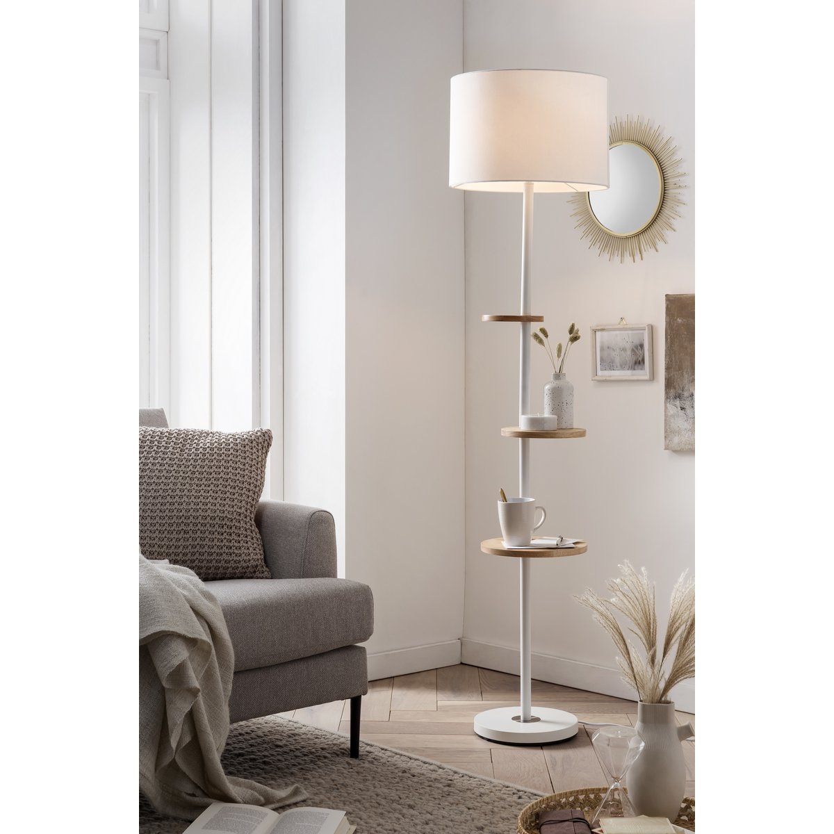 Staande lamp met 3 planken 153 cm wit hout