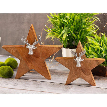 Houten ster decoratie 2 stuks mango hout aluminium 25/19 cm