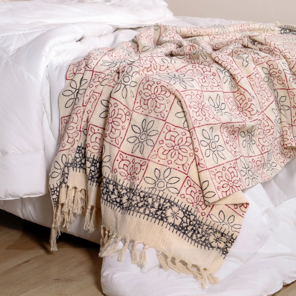 Plaid 130x180 cm katoen beige bloemenprint franje