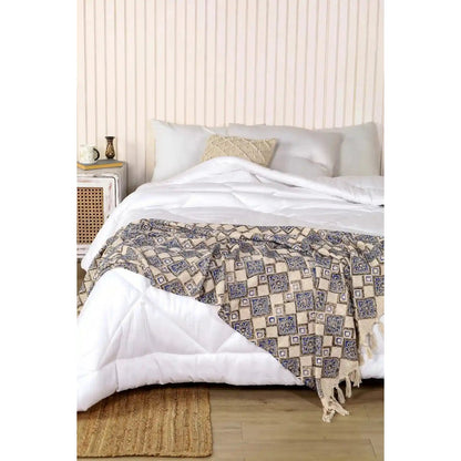 Beige Boho Plaid / Sofa Throw – Block Print with Tassels – 125x170 cm – Urbane Hide