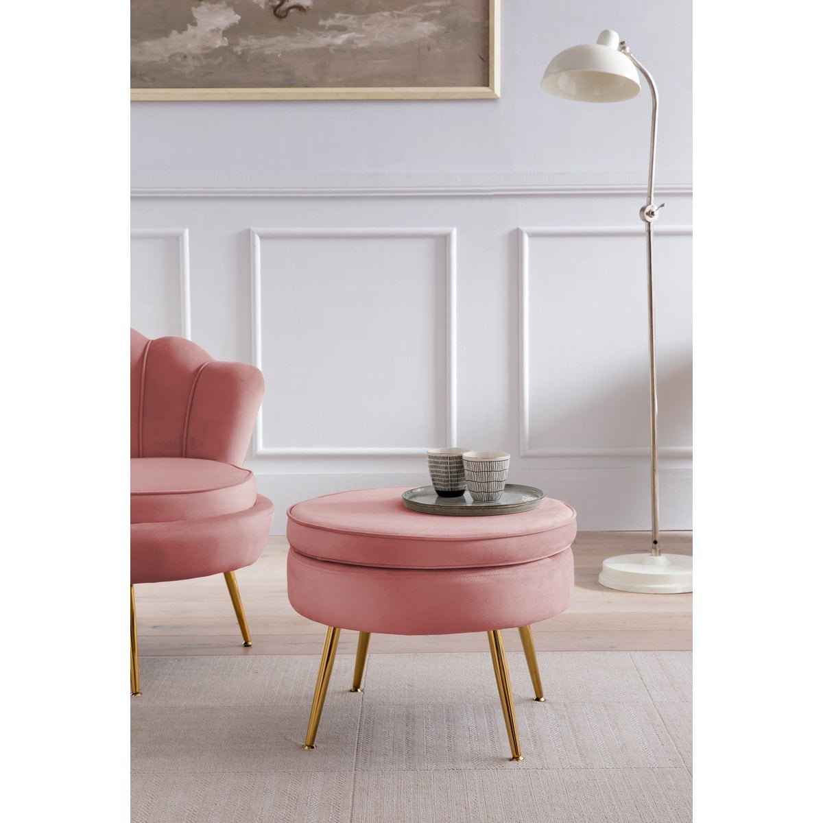 Poef roze fluweel goudkleurig frame 52x52x41 cm