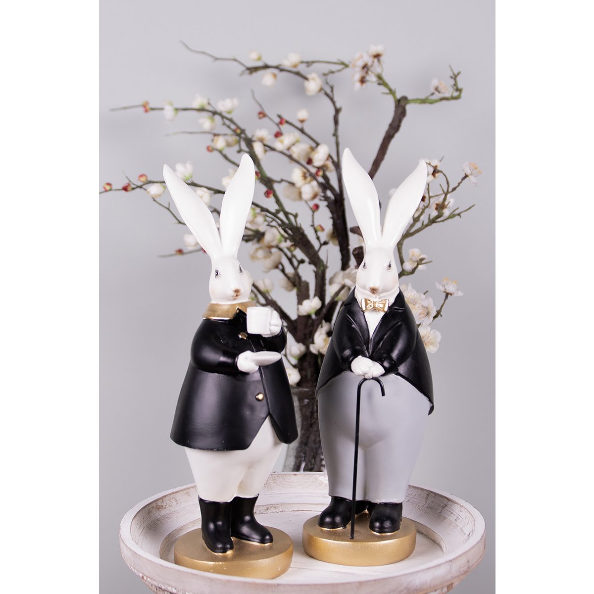 Beeld konijn set 2 stuks polyresin 13x11x34 cm zwart grijs