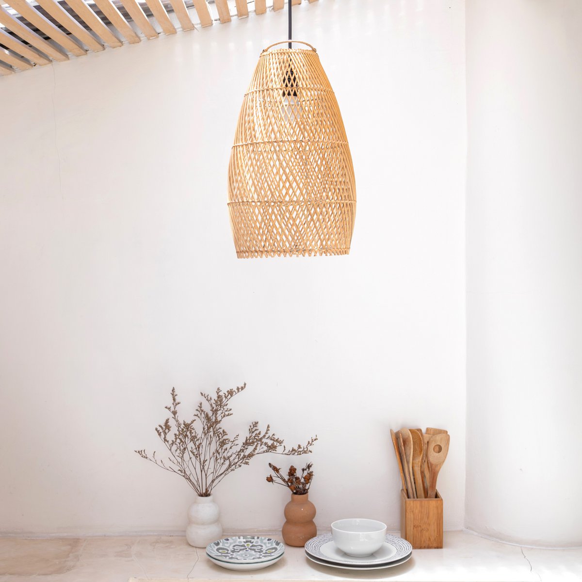 Rotan Plafondlamp Boho Tabung Met Luxe Lantaarnstijl