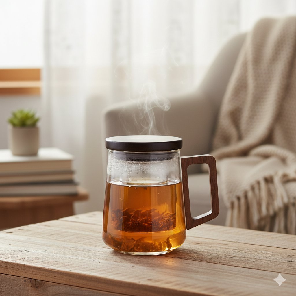 Glazen mok met filter en deksel 525 ml