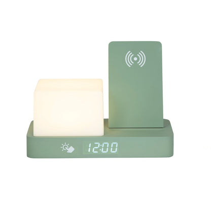 Wekker hout groen retro met nachtlampje en telefoonoplader
