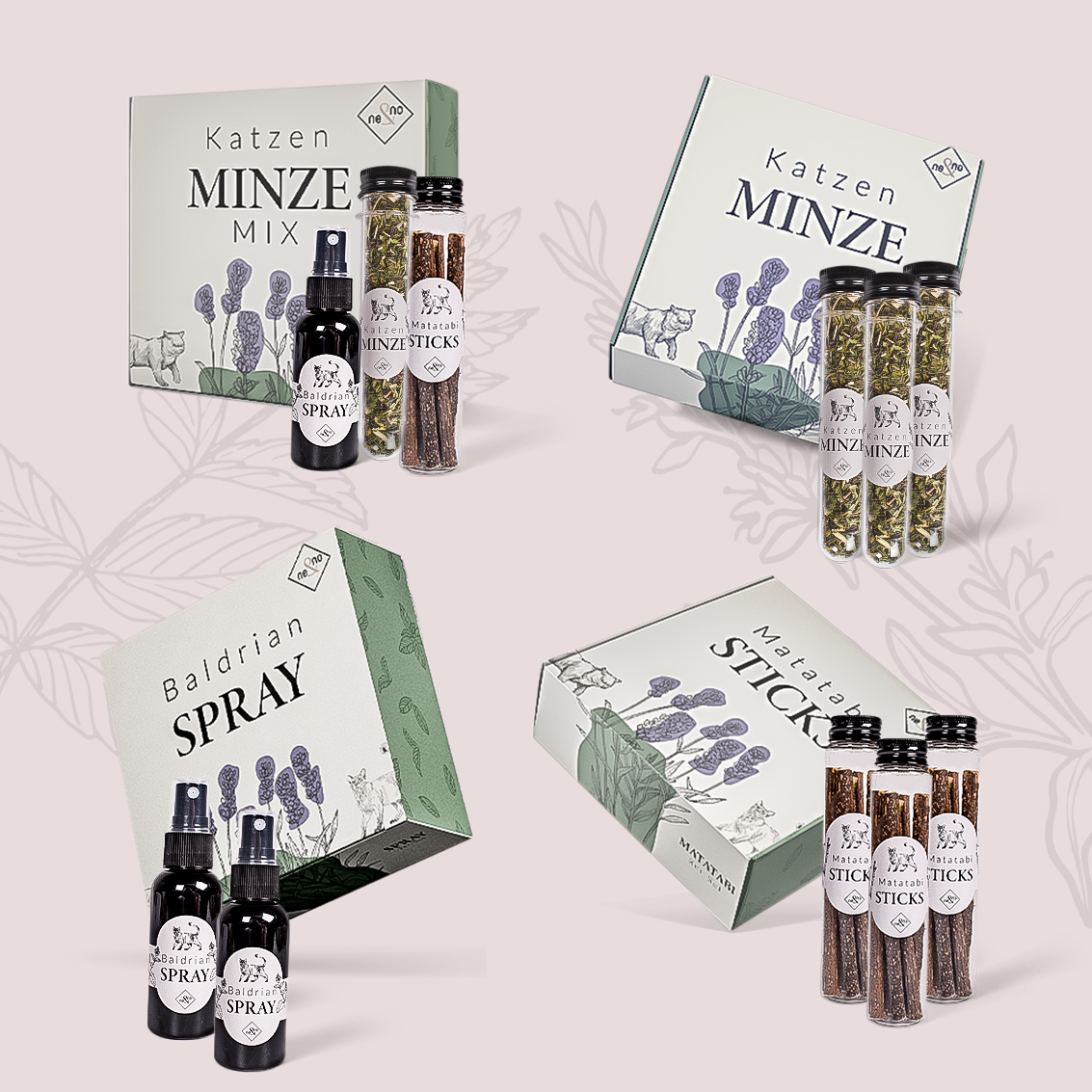 NE & NO® Gift Set Cats Well -being Herbs: Catnint + Valerian Spray + Matatabi Sticks