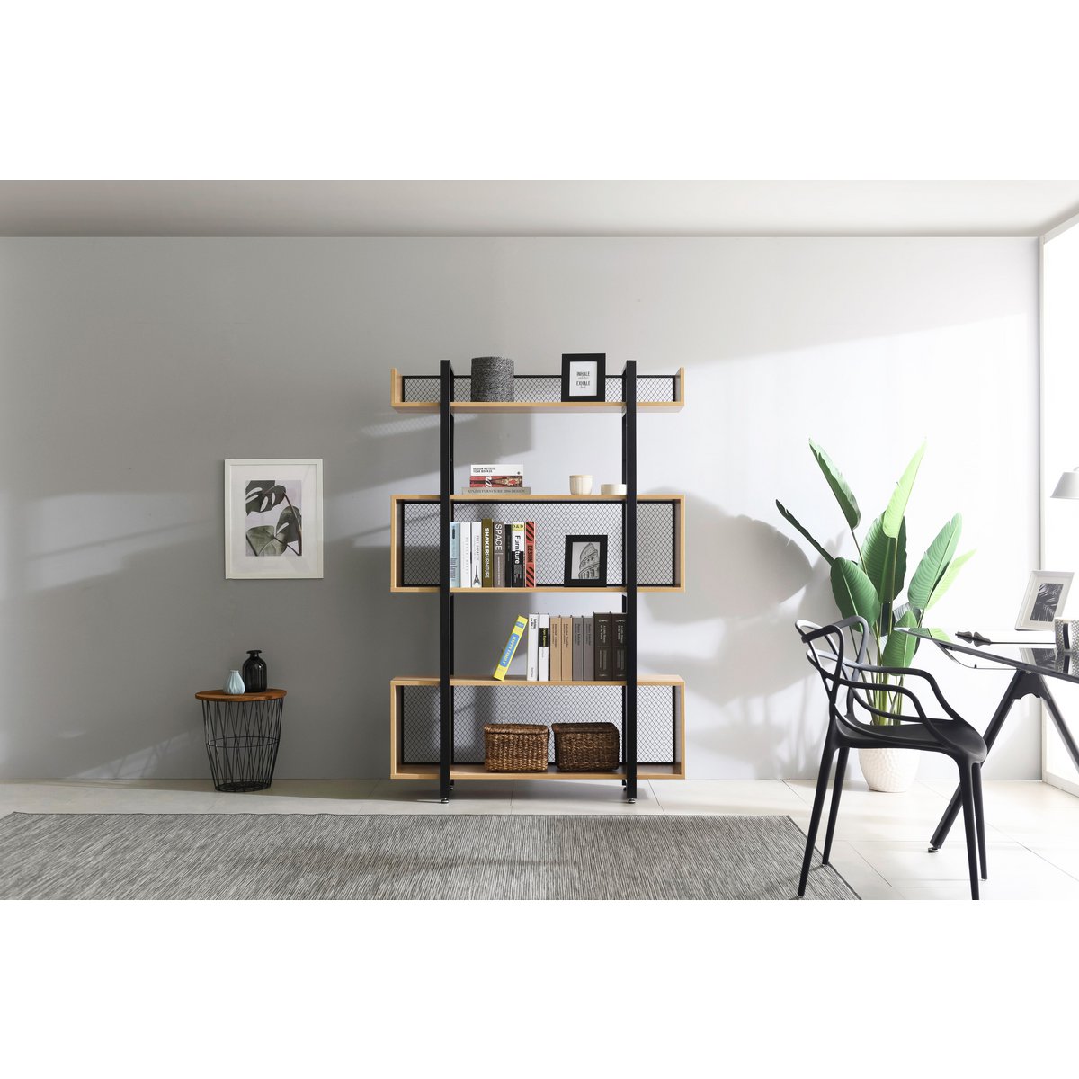 Plank 3 open vakken naturel zwart MDF metaal
